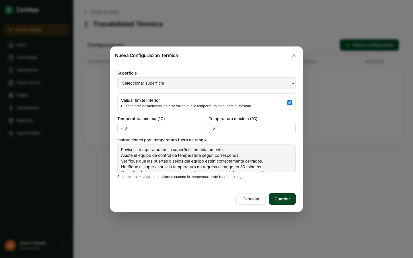 Formulario para configurar un equipo de temperatura