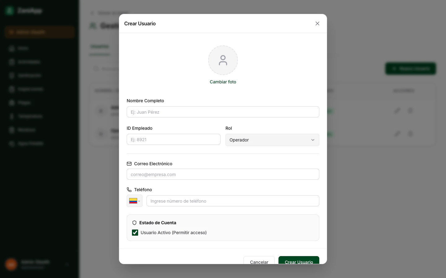 Formulario para crear un usuario