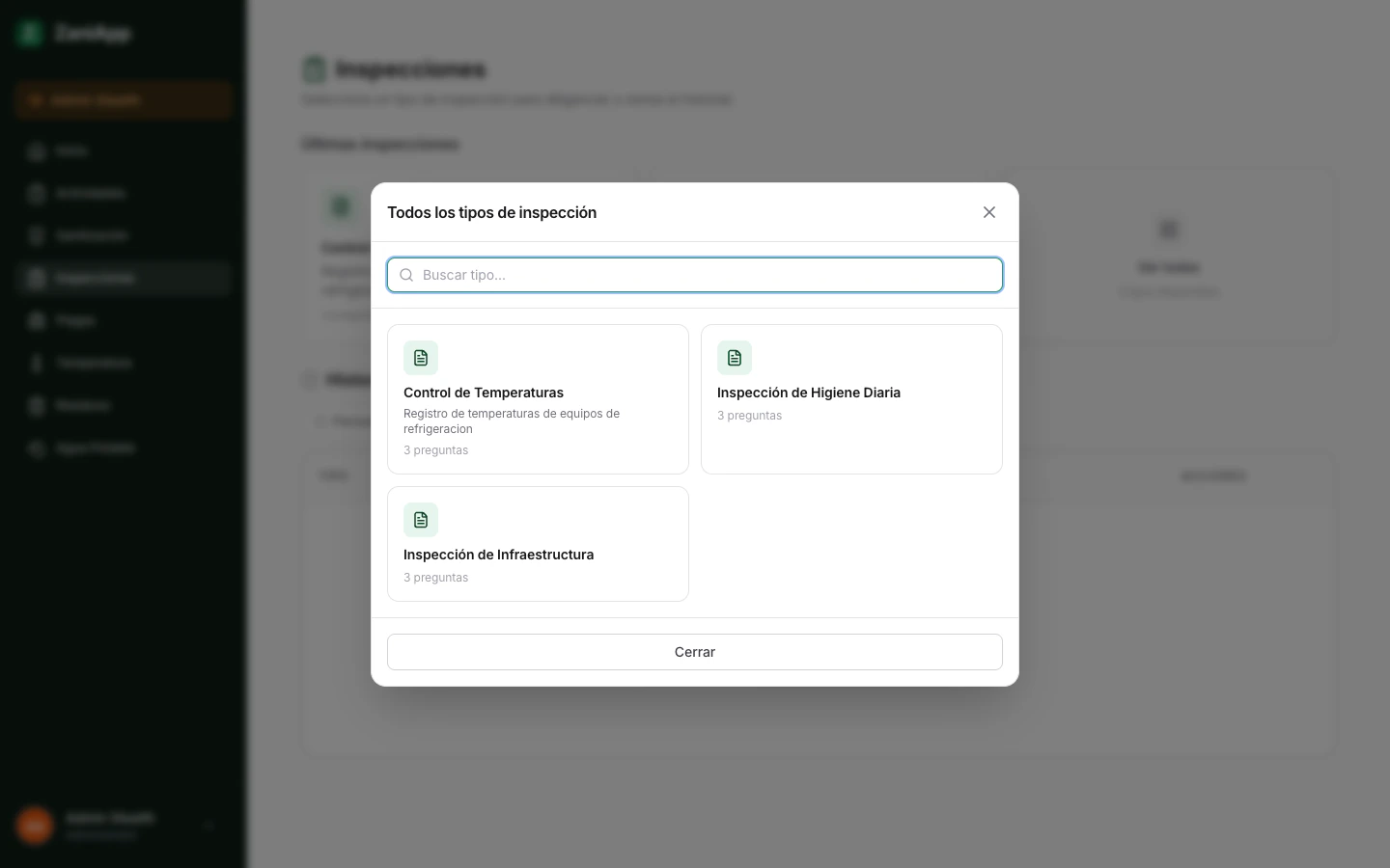 Lista de tipos de inspección disponibles