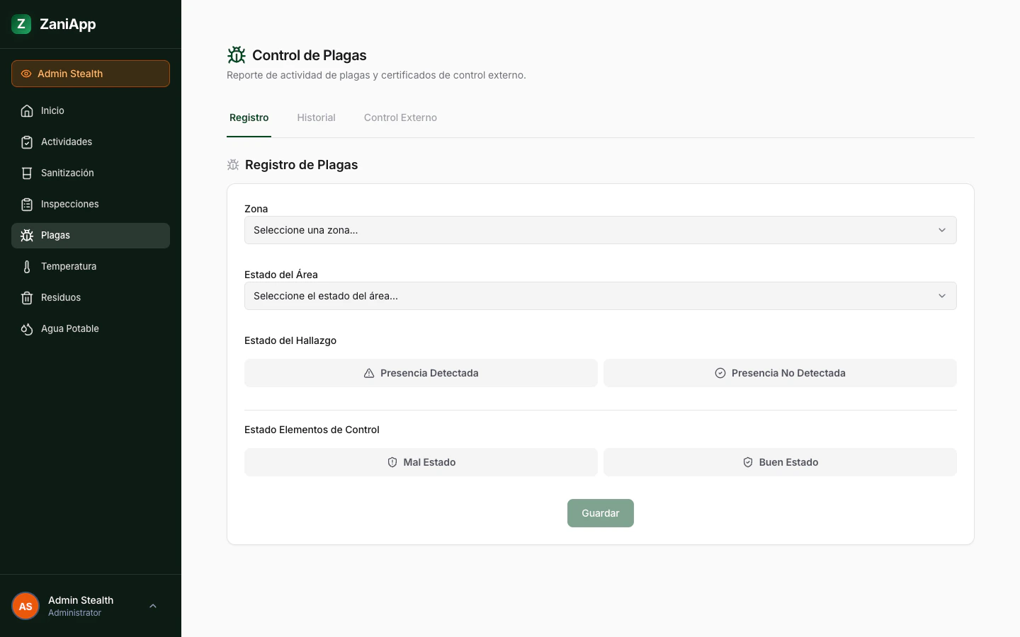 Formulario de registro de control de plagas