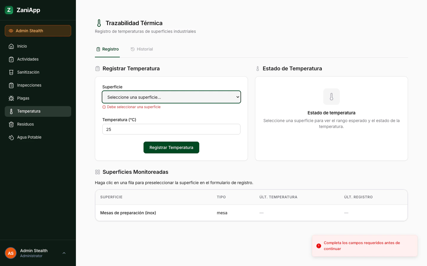 Formulario de acción correctiva por temperatura fuera de rango