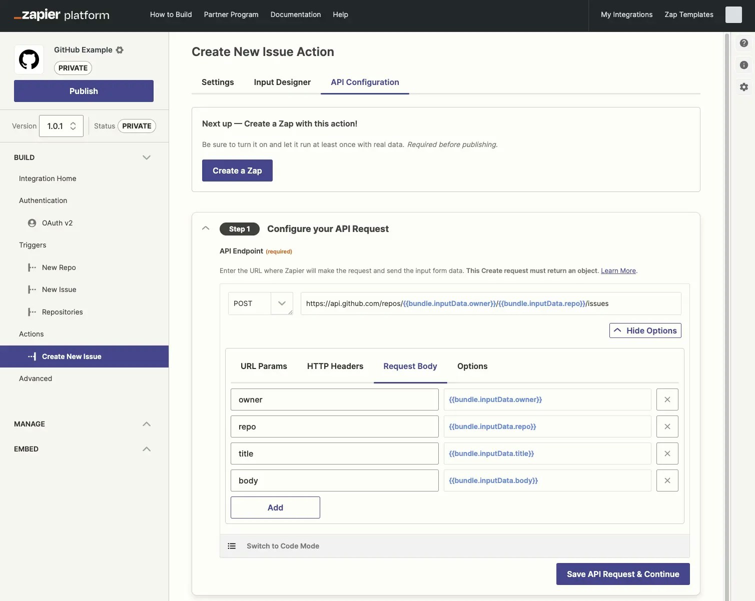Zapier action API configuration
