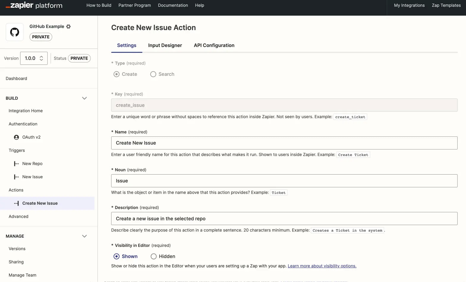Zapier visual builder action settings