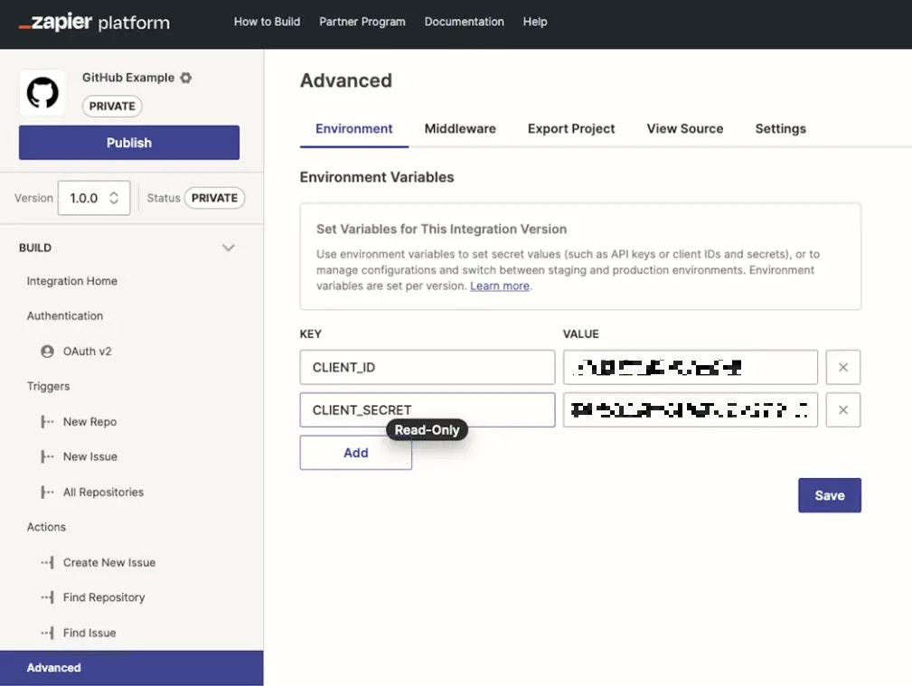 Edit Zapier Environment Variables