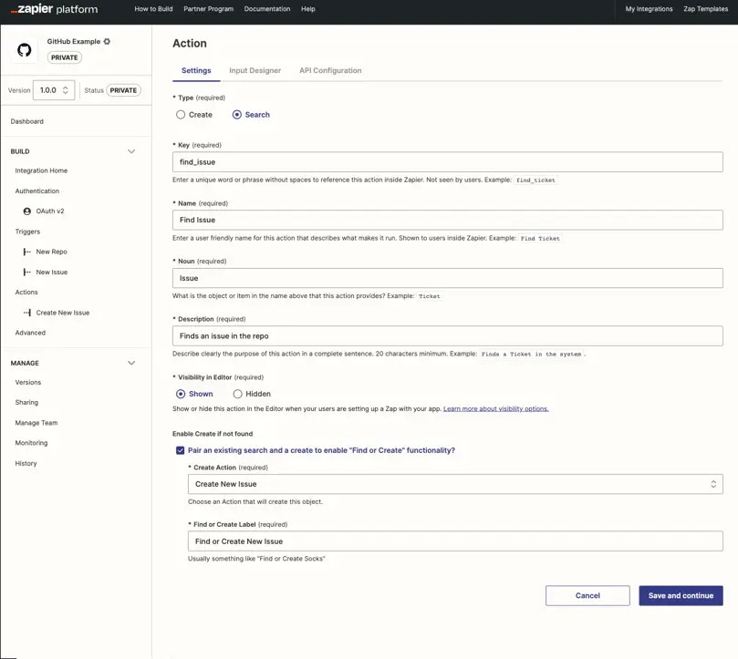 Zapier Search action settings
