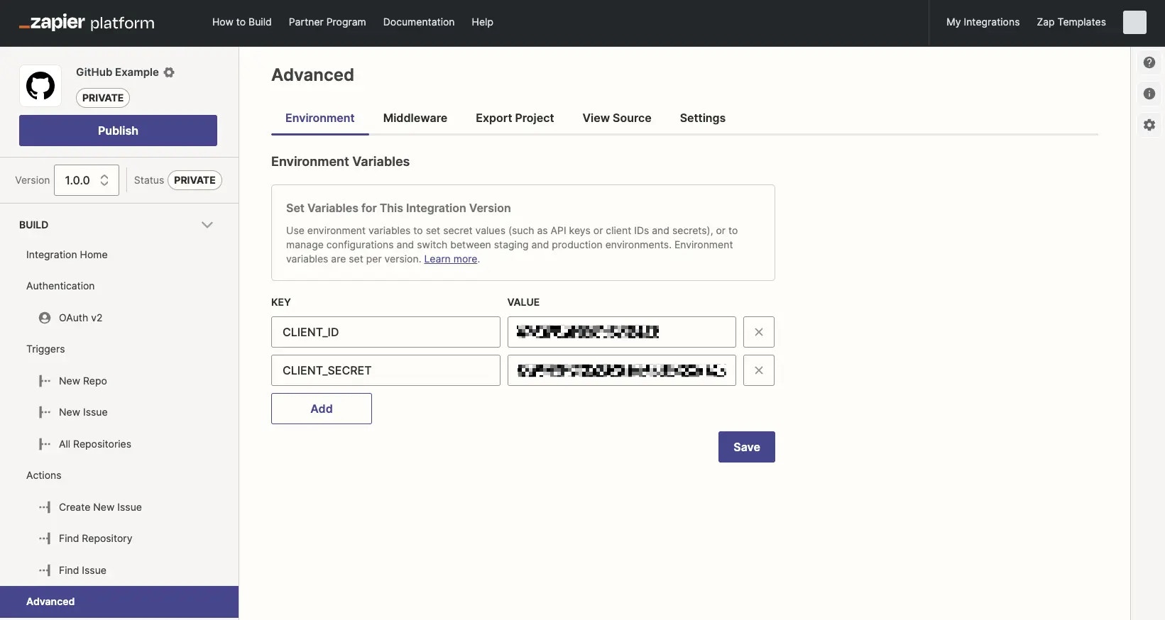 Add Zapier environment variables