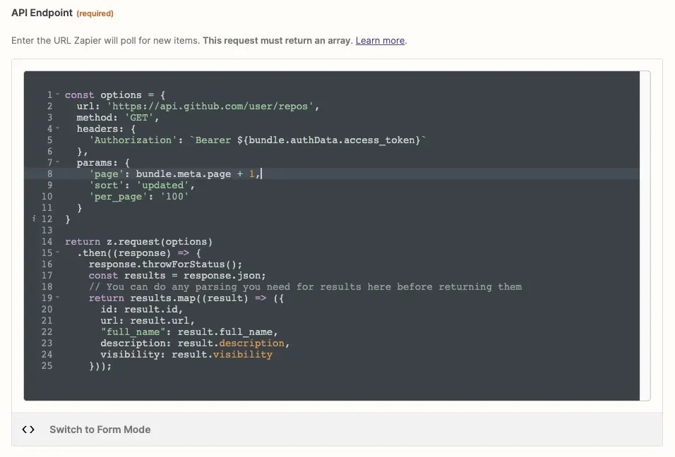 Zapier pagination code mode