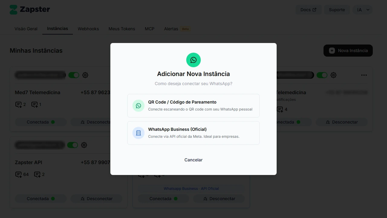 Tela do dashboard com a opção WhatsApp Business (Oficial) selecionada