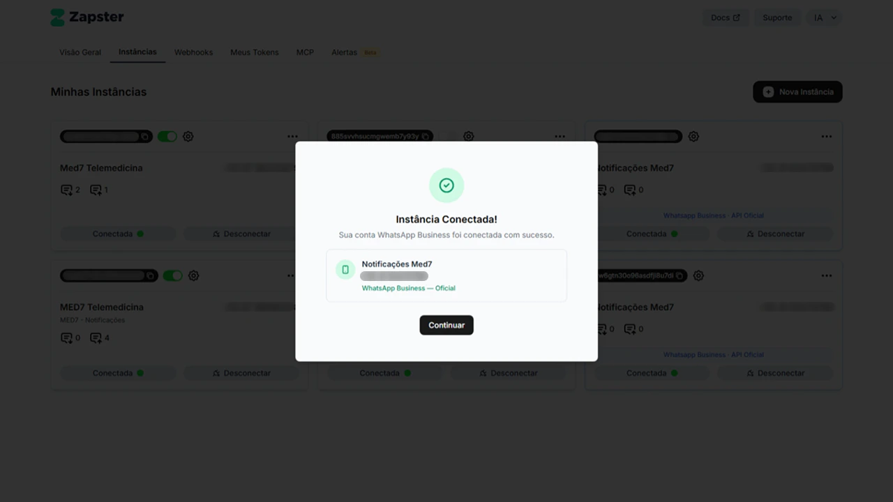 Instância WABA conectada no dashboard