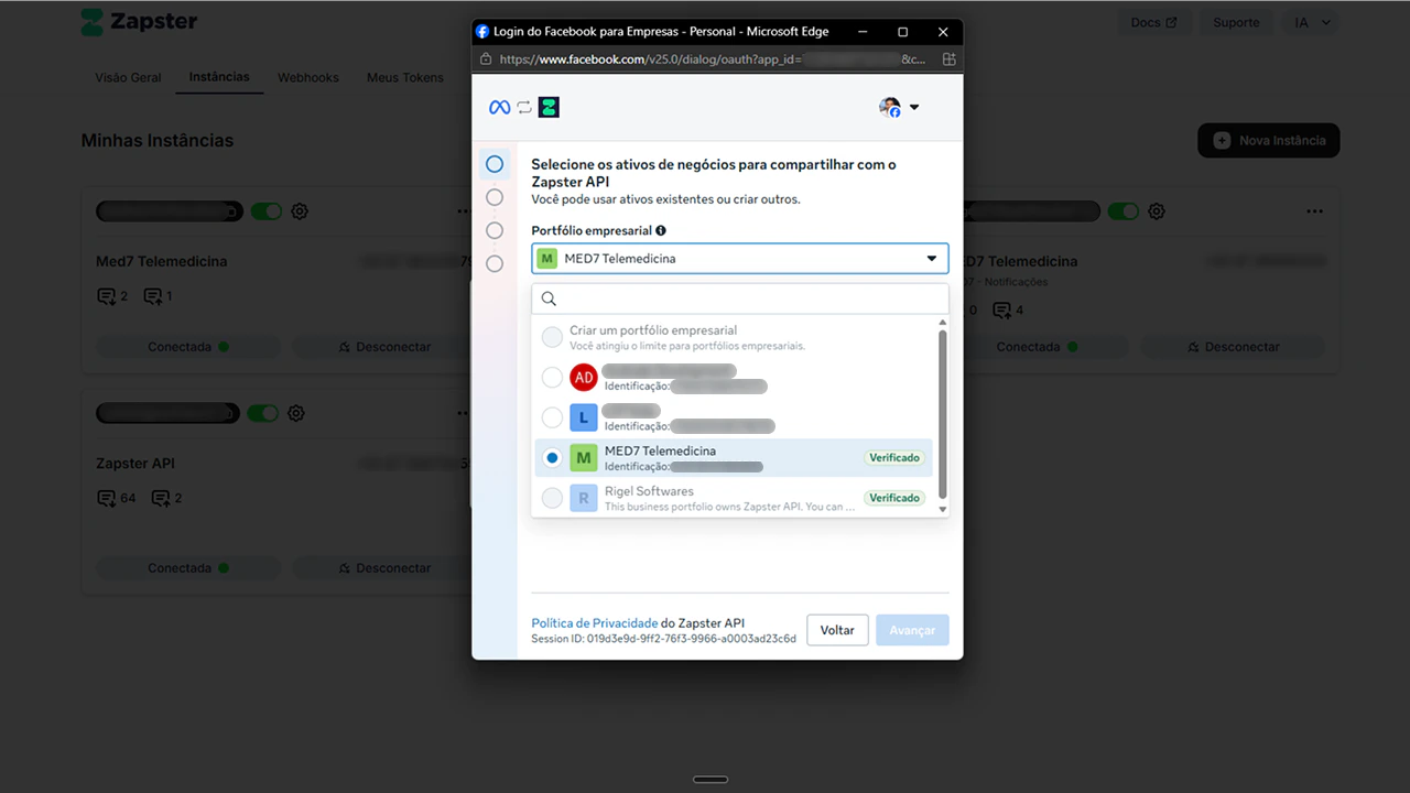 Seleção da conta WhatsApp Business