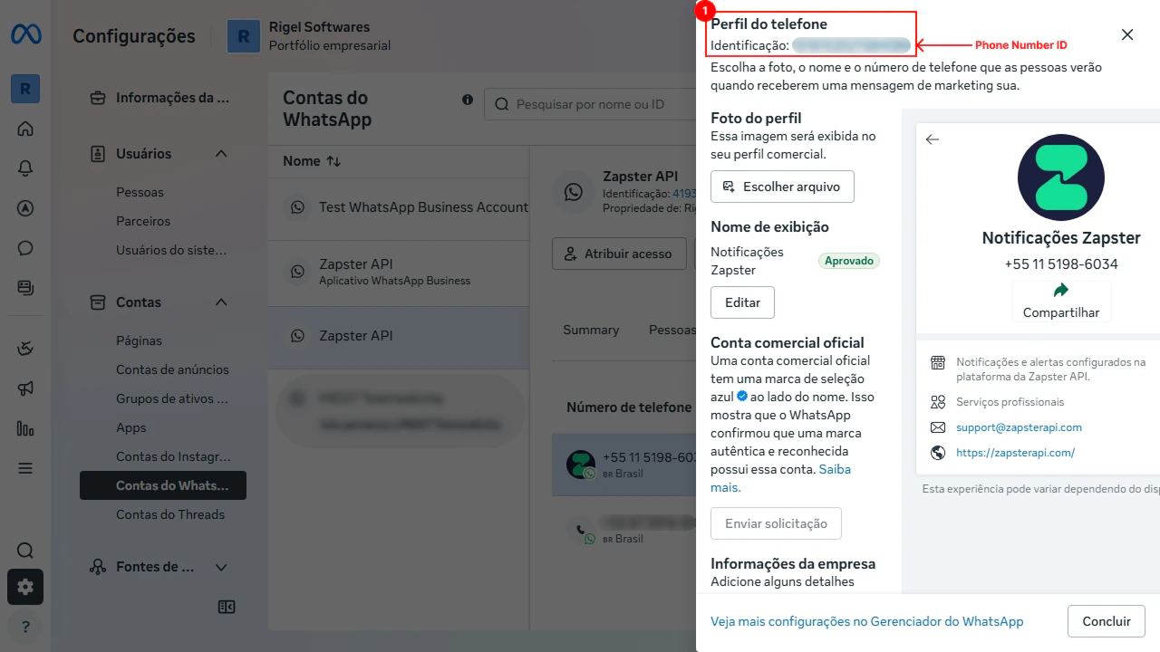 Onde encontrar o Phone Number ID