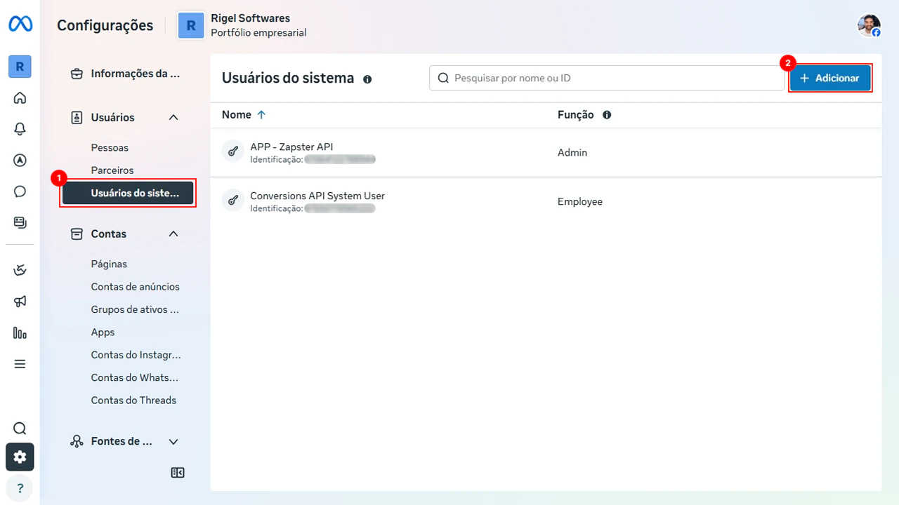 Onde encontrar os Usuários do sistema no Meta Business Manager