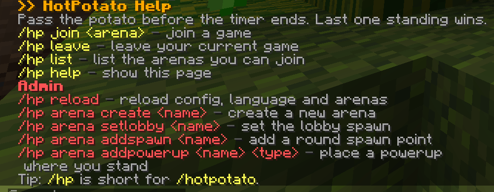HotPotato in-game help page listing player and admin commands
