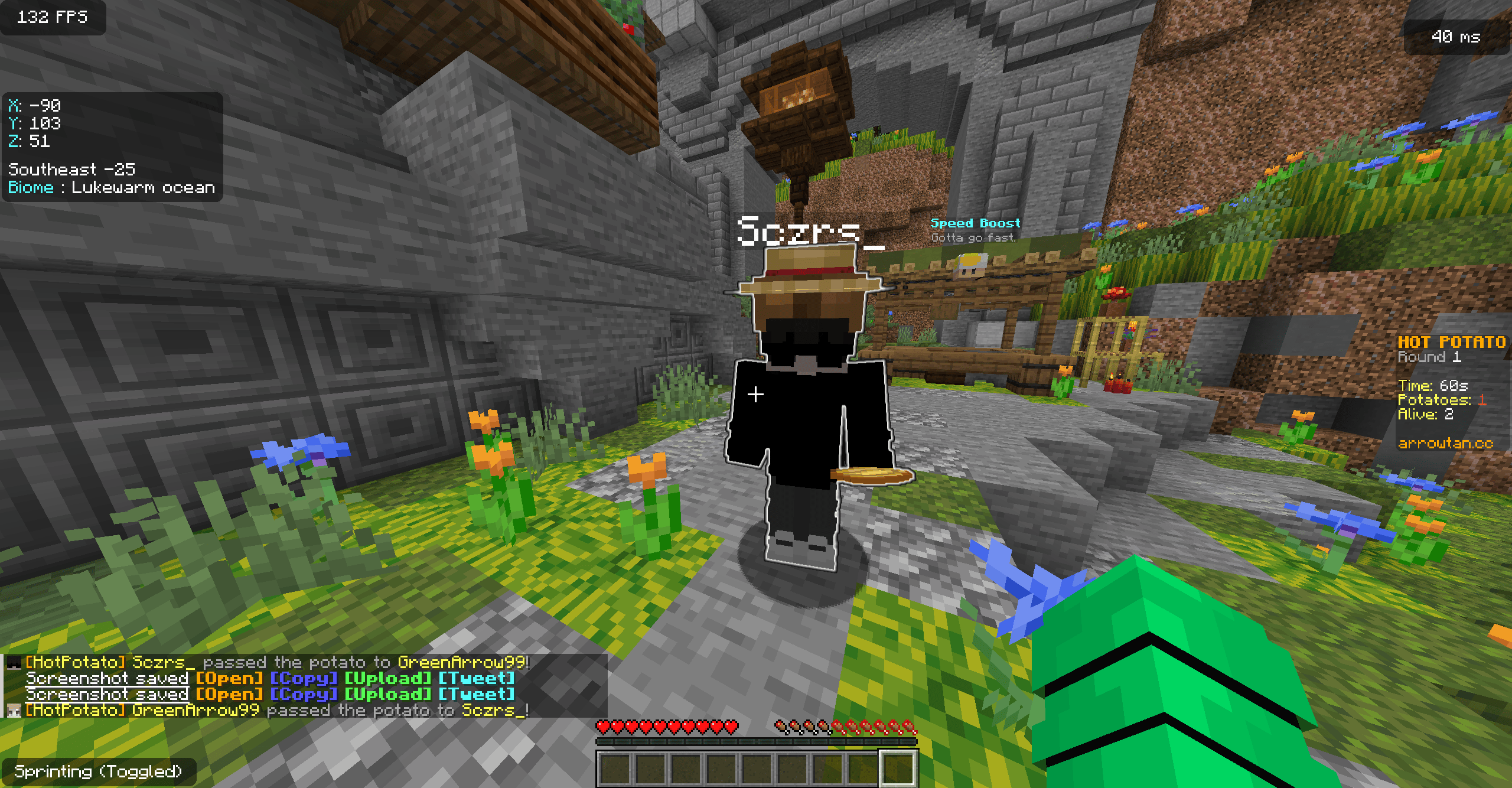 A player holding the potato, glowing so others can see them