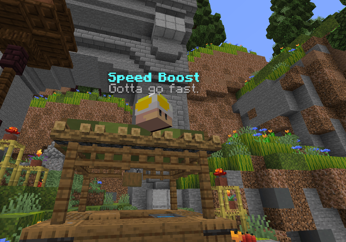 A floating HotPotato powerup with a custom textured head and a name hologram above it