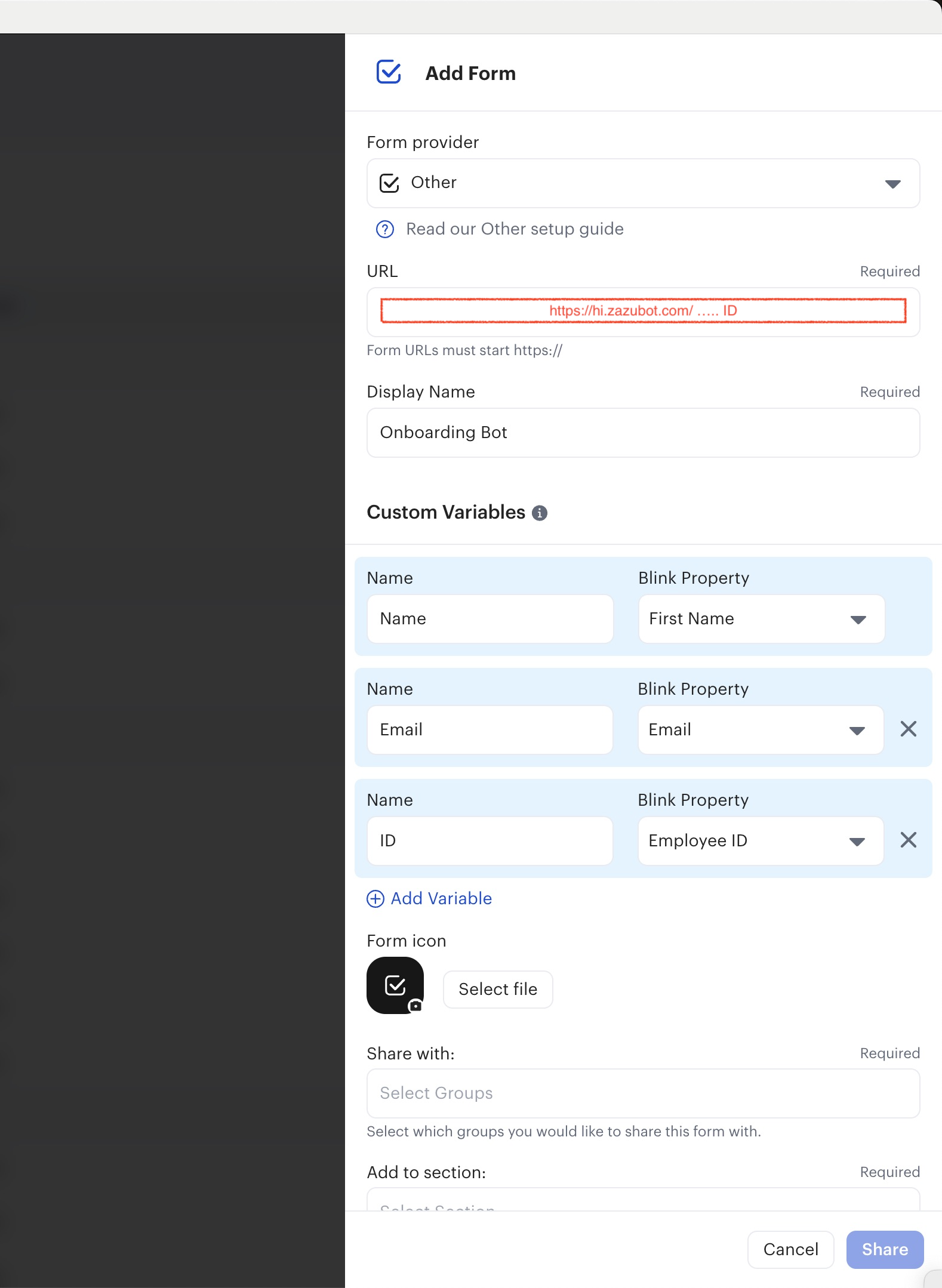 Blink form configuration panel