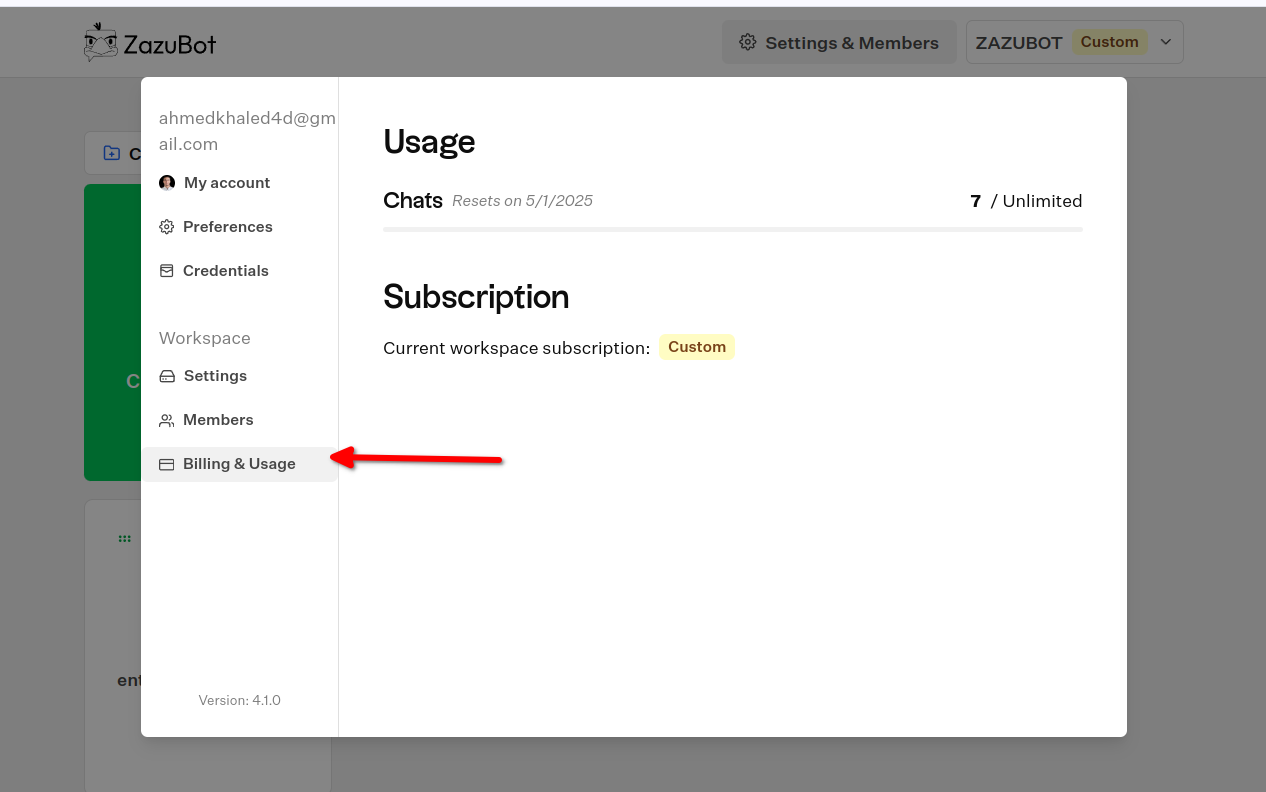 Billing and usage tab