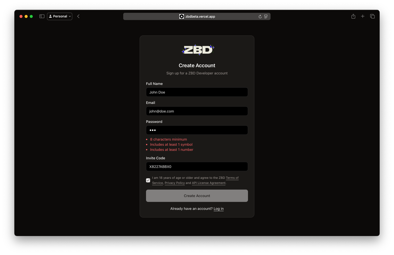 ZBD Developer Dashboard | Sign Up Form