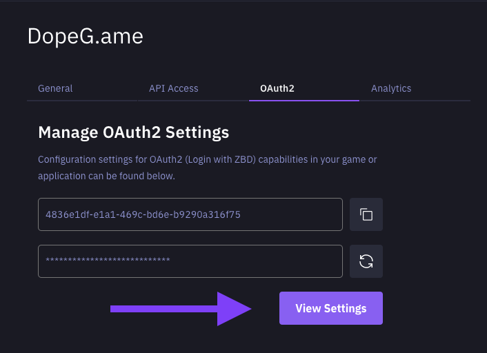 View OAuth2 Settings - ZBD Developer Dashboard