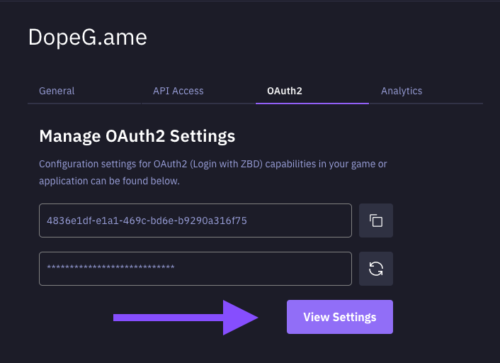 View OAuth2 Settings - ZBD Developer Dashboard