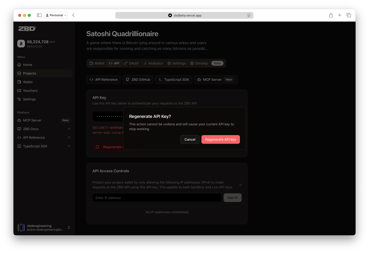 ZBD Developer Dashboard | Regenerate API Key