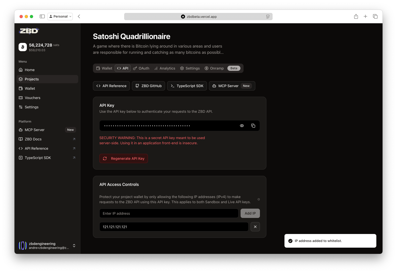 ZBD Developer Dashboard | Allowed IPs