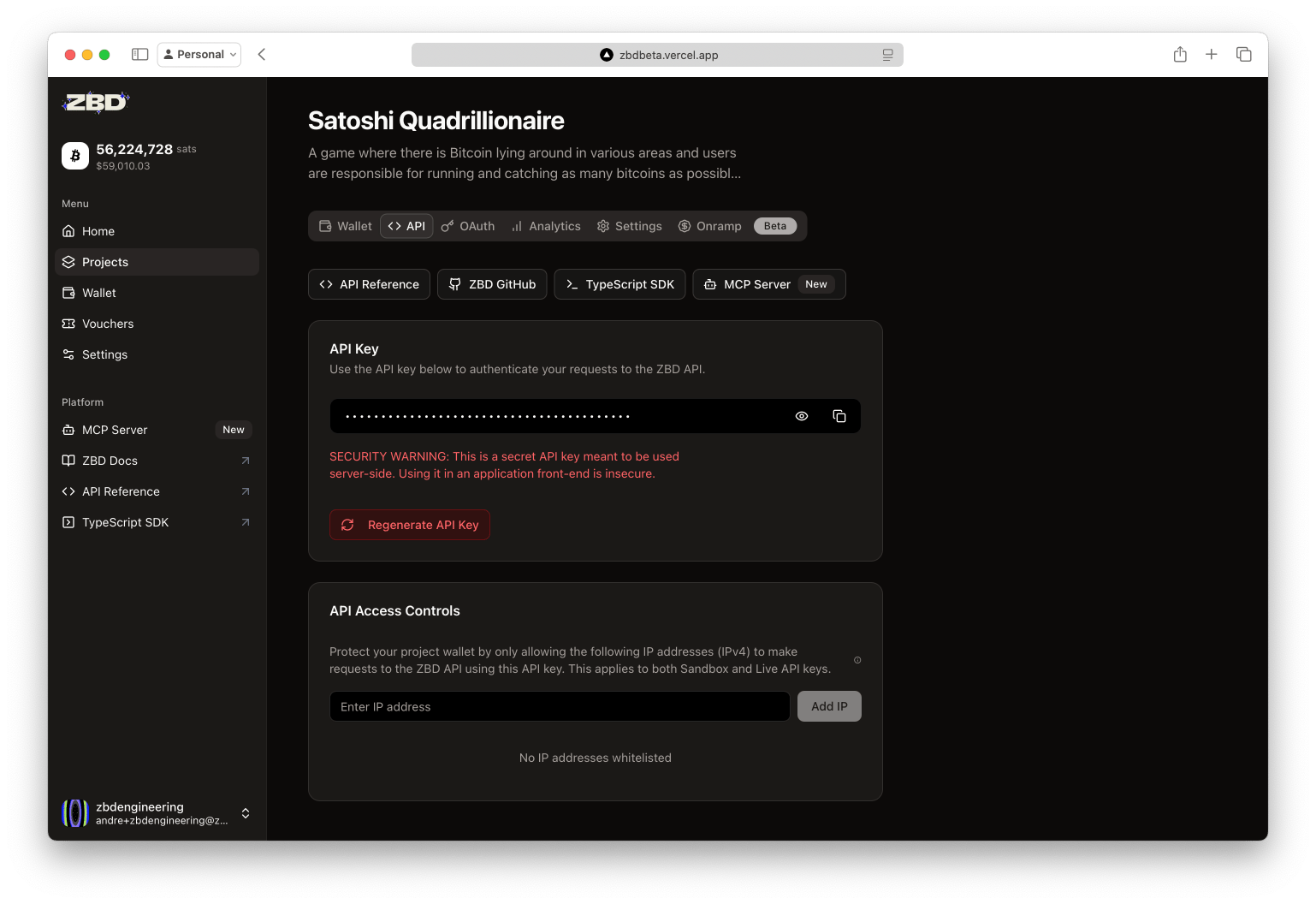 ZBD Developer Dashboard | API Tab