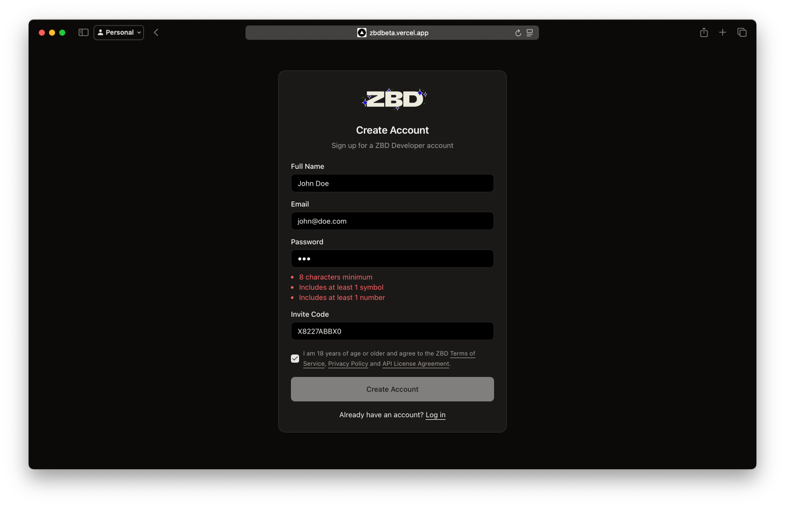 ZBD Developer Dashboard | Sign Up Form