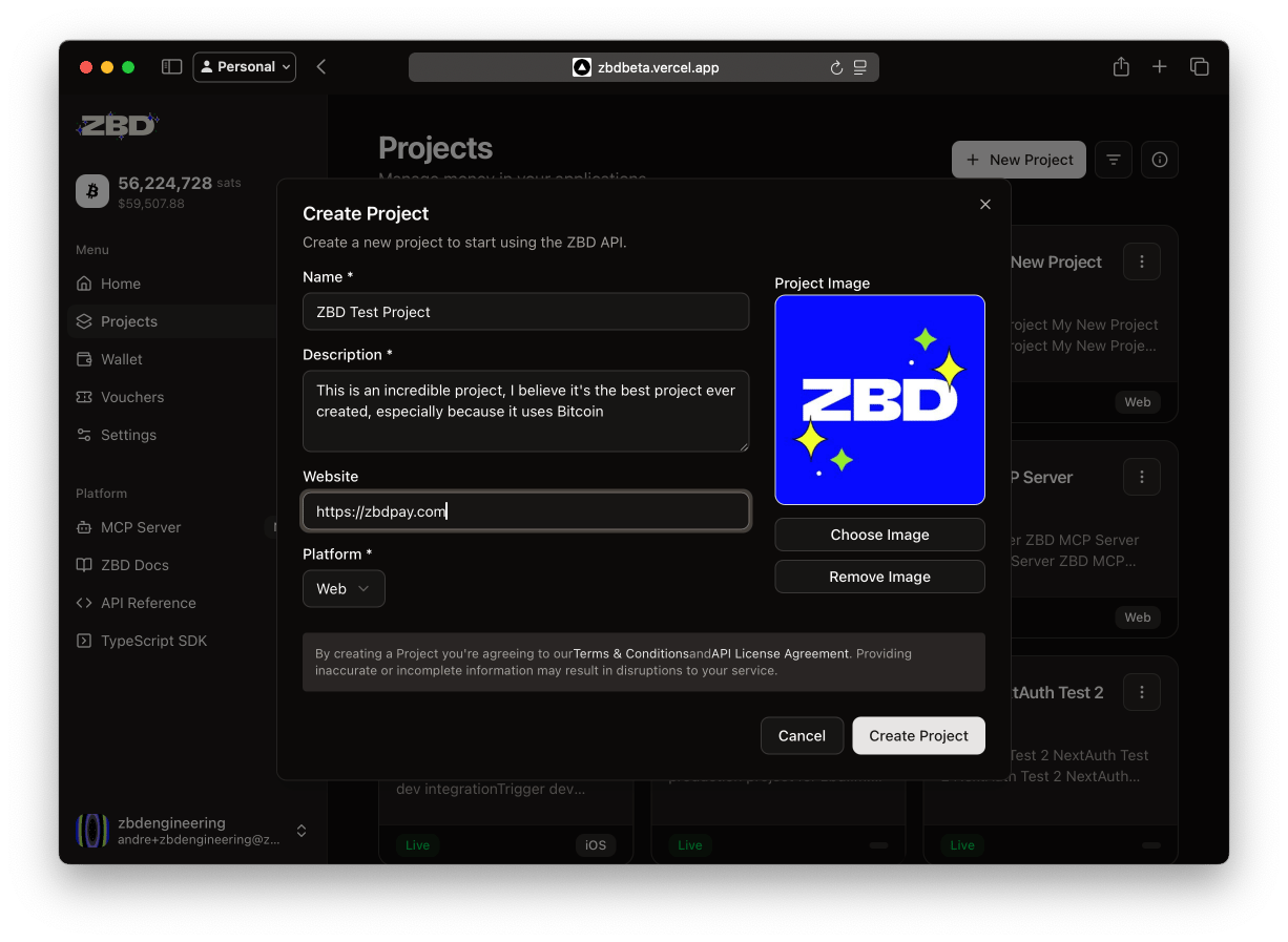 ZBD Developer Dashboard | Create Project Form
