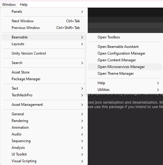 Open Microservices manager window