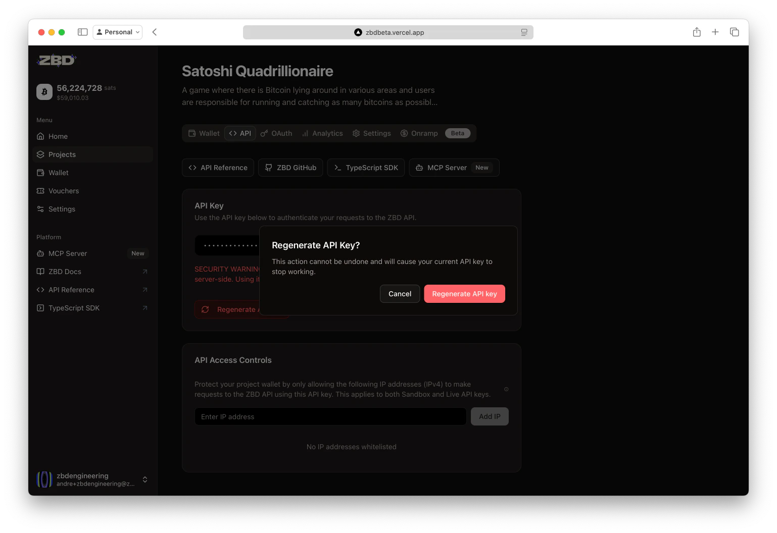 ZBD Developer Dashboard | Regenerate API Key