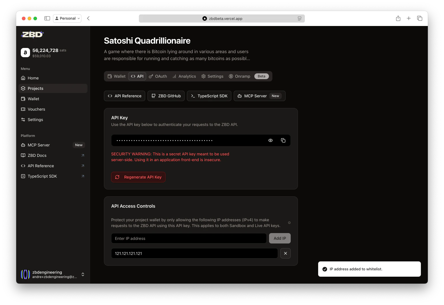 ZBD Developer Dashboard | Allowed IPs