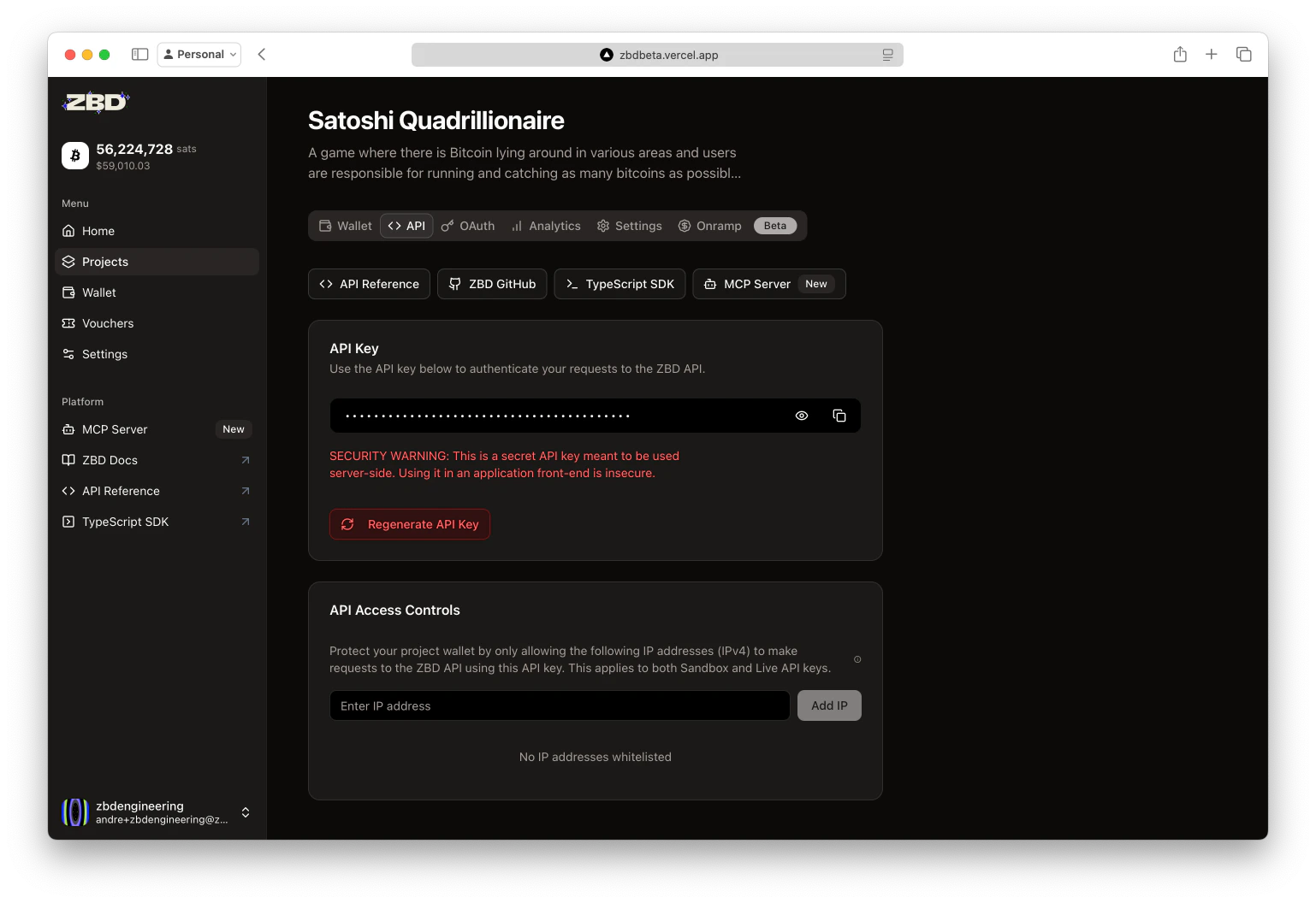 ZBD Developer Dashboard | API Tab