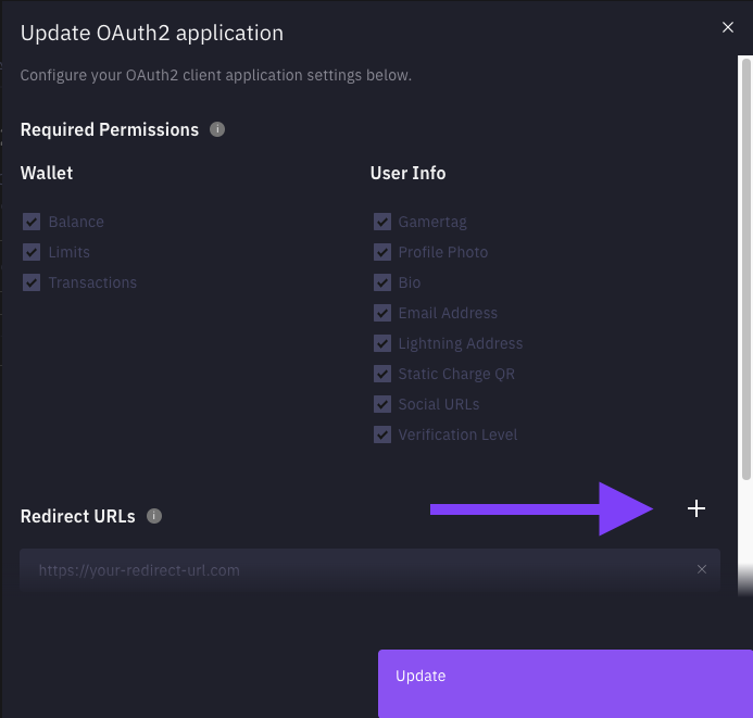 Add Redirect URLs - ZBD Developer Dashboard