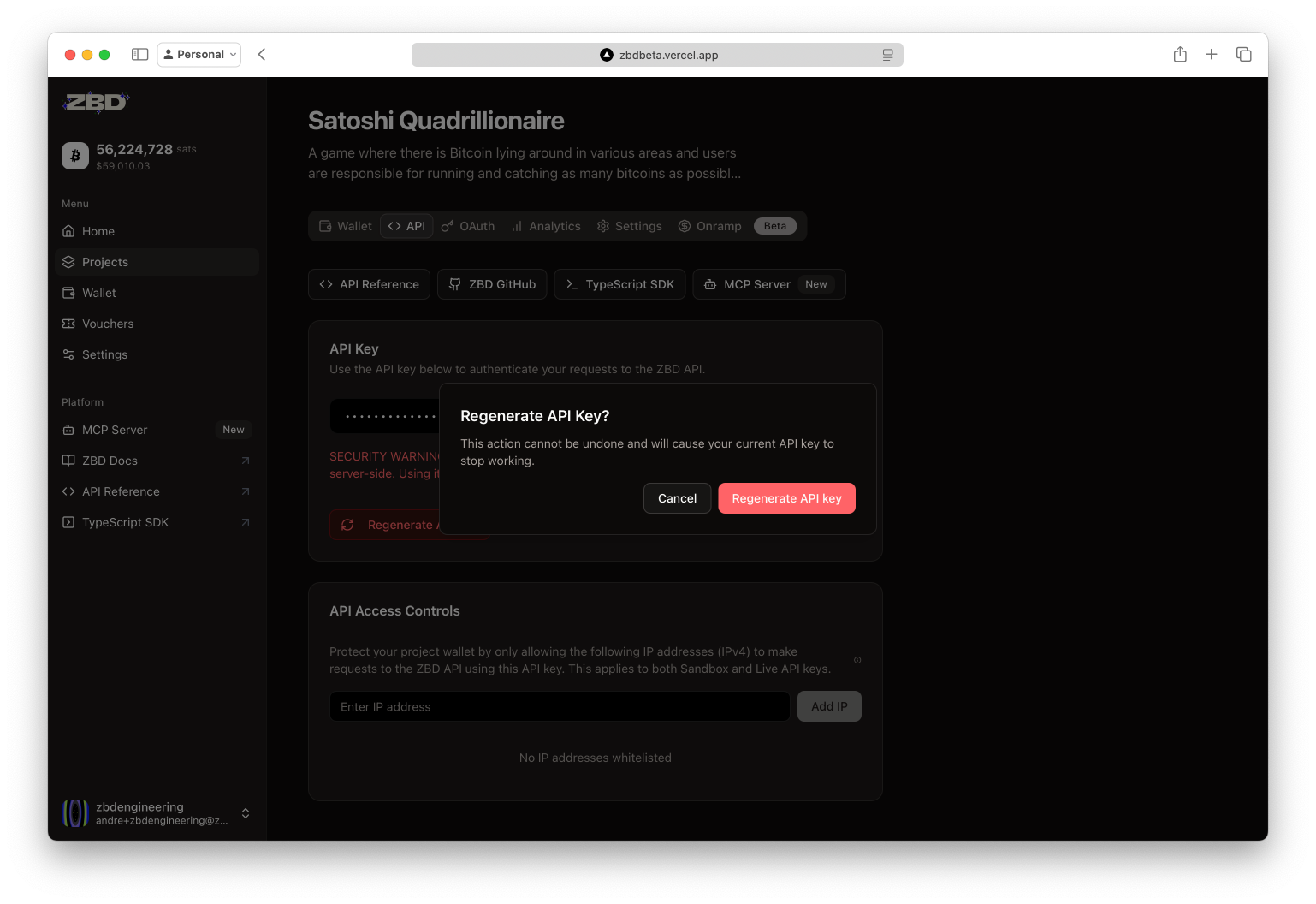 ZBD Developer Dashboard | Regenerate API Key