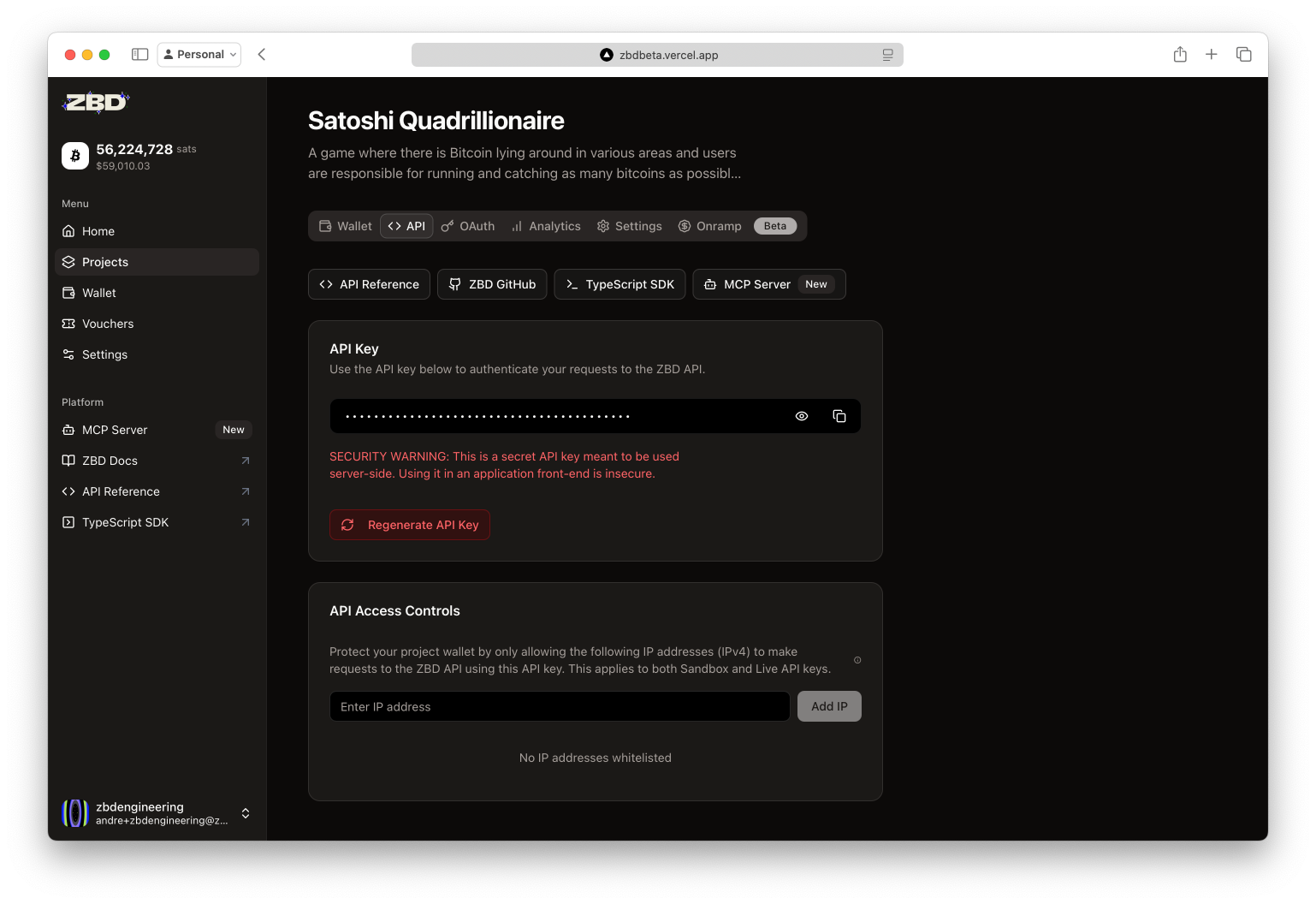 ZBD Developer Dashboard | API Tab