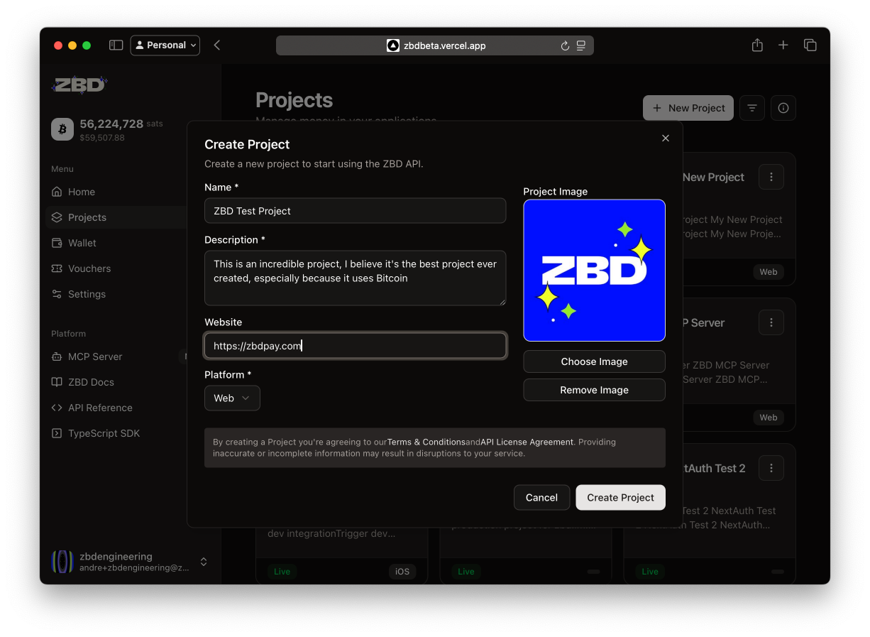 ZBD Developer Dashboard | Create Project Form