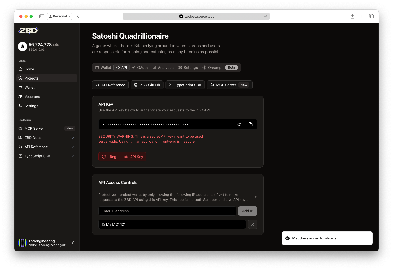 ZBD Developer Dashboard | Allowed IPs