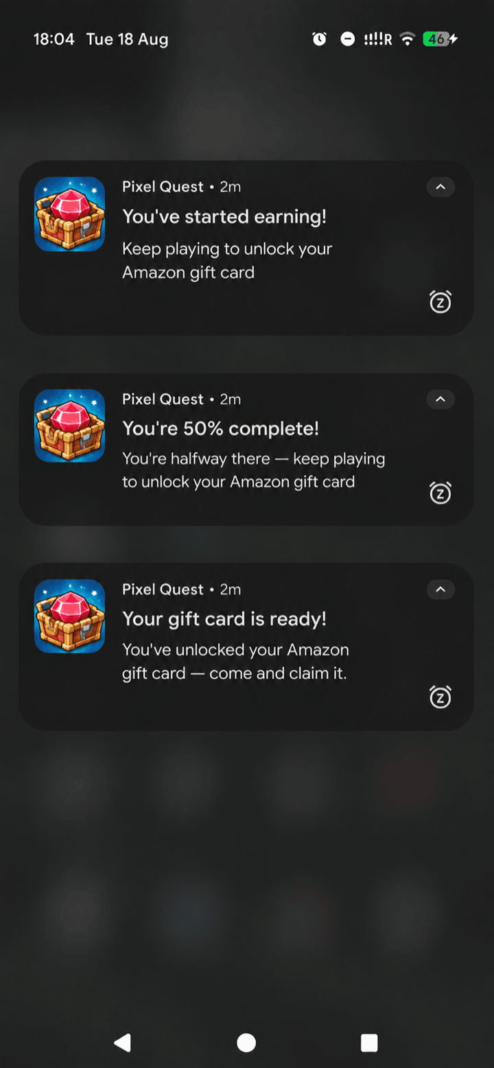 Three stacked local notifications from a game: 'You've started earning!', 'You're 50% complete!' with a progress ring, and 'Your gift card is ready!'