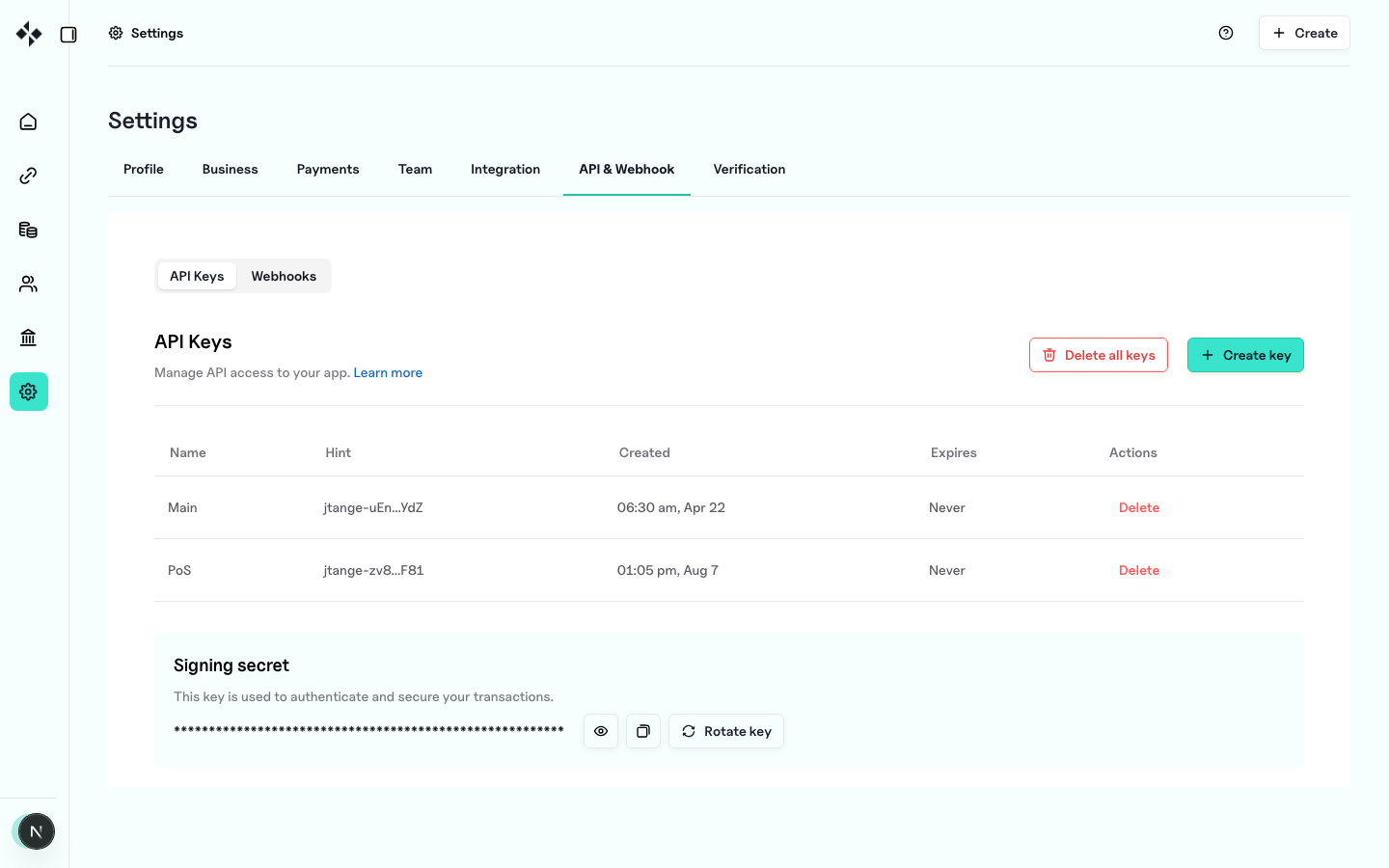 ZBX API keys settings