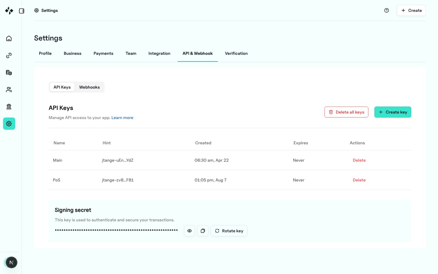 ZBX API keys settings