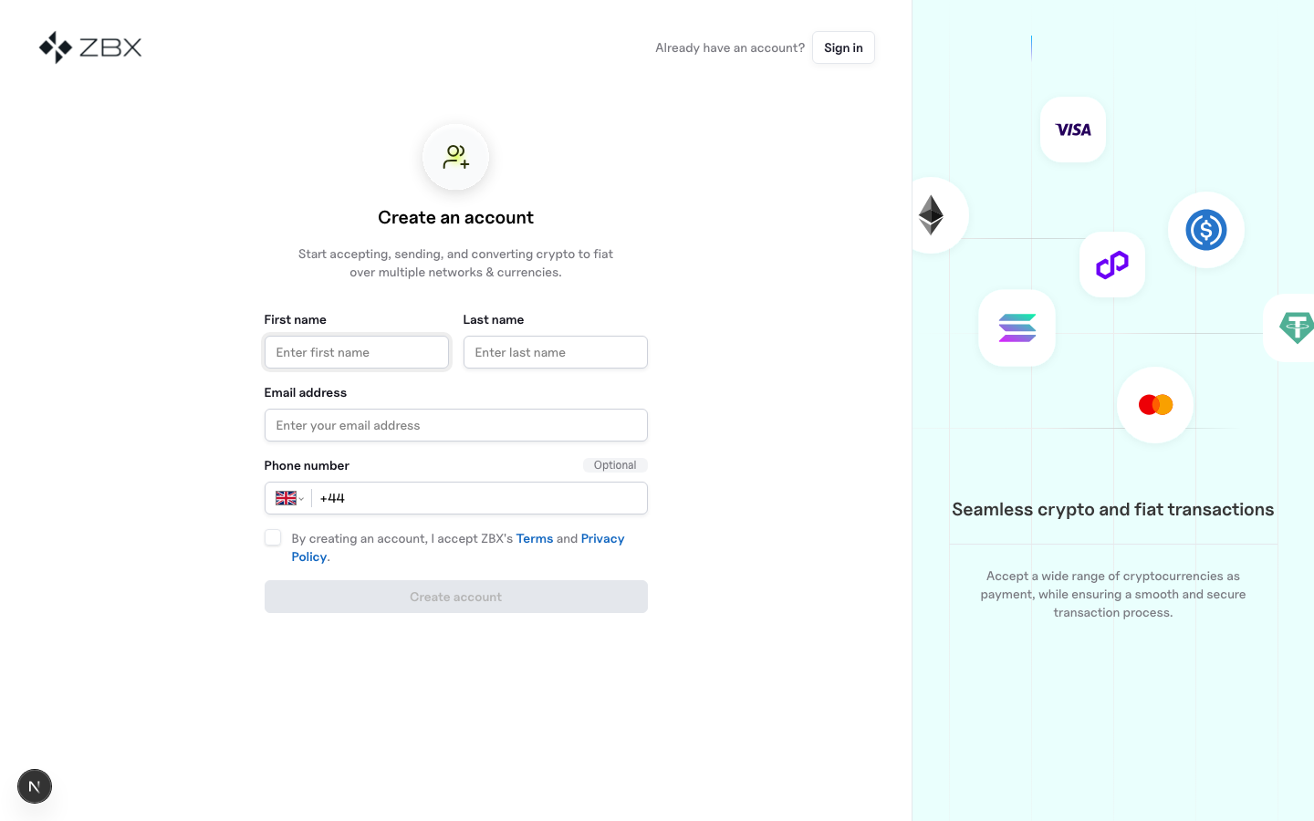 ZBX create-account page