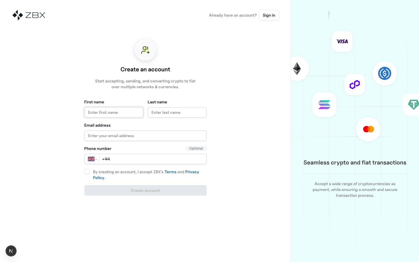 ZBX create-account page