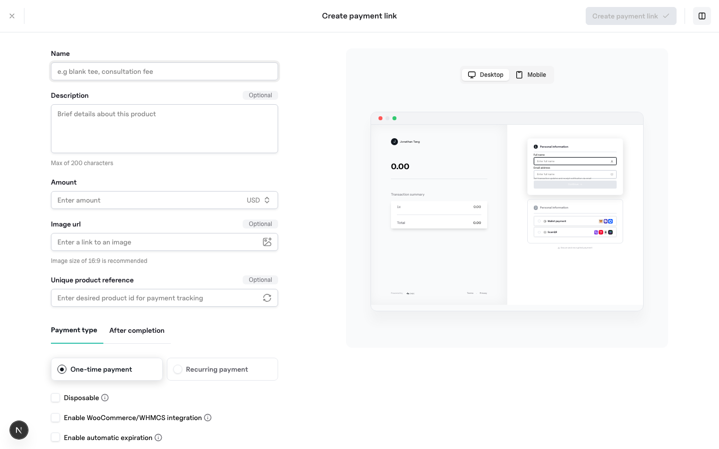 ZBX create payment link