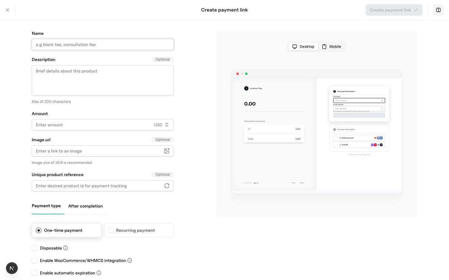 ZBX create payment link