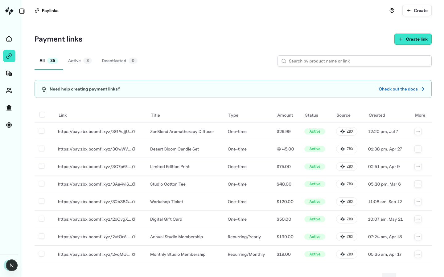 ZBX payment links list