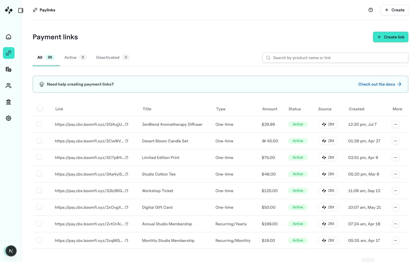 ZBX payment links list