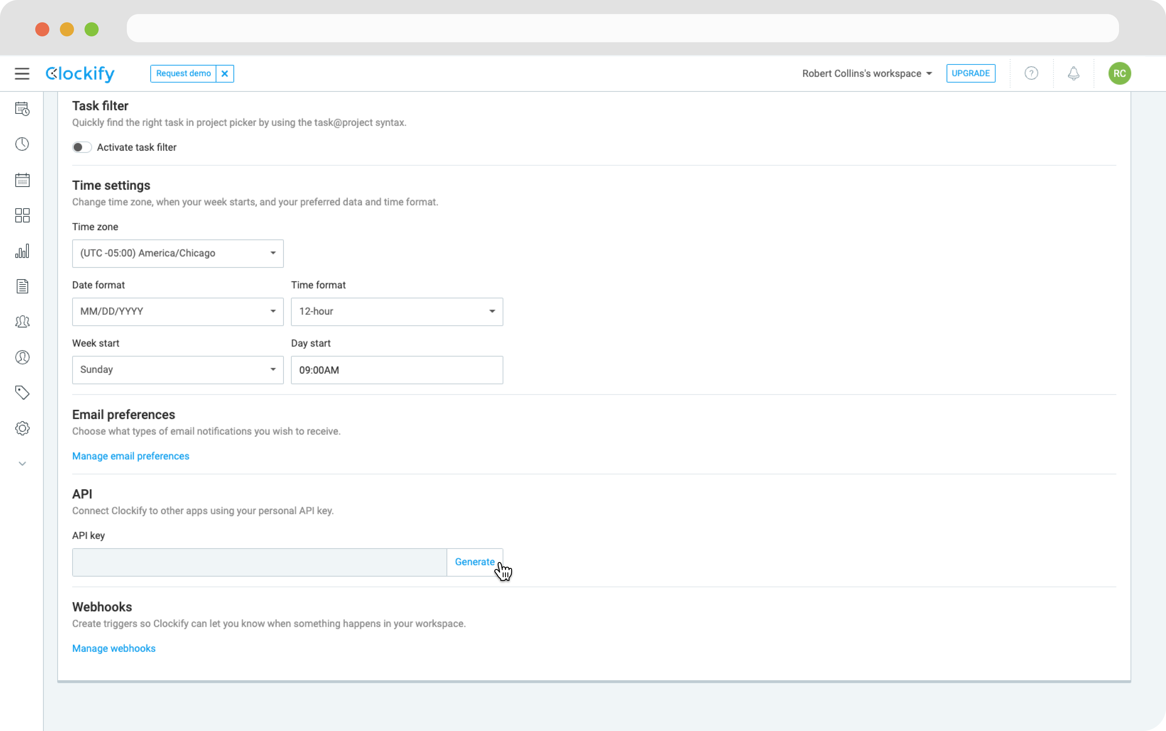 Clockify Setting Page - Generate API Key