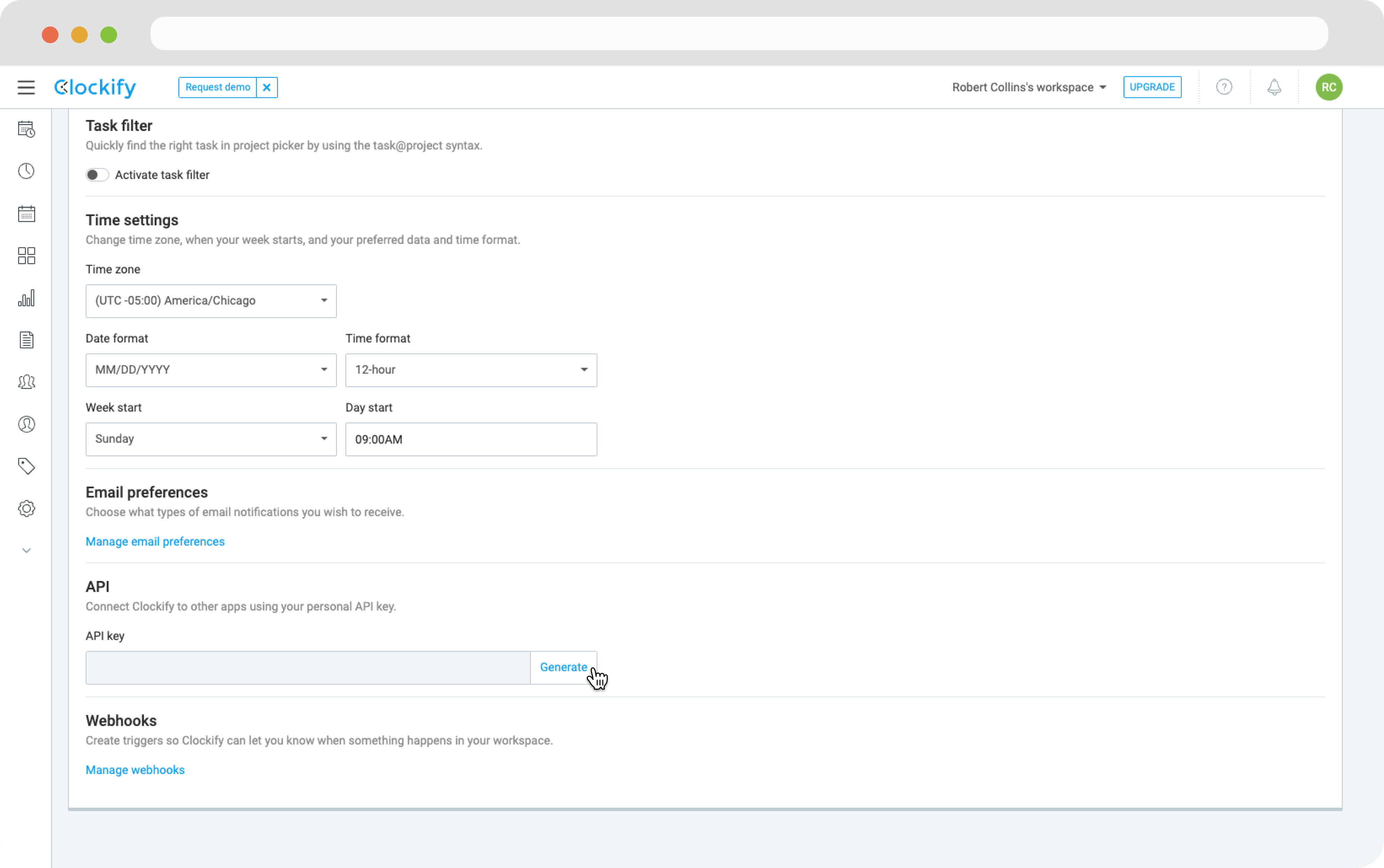 Clockify Setting Page - Generate API Key