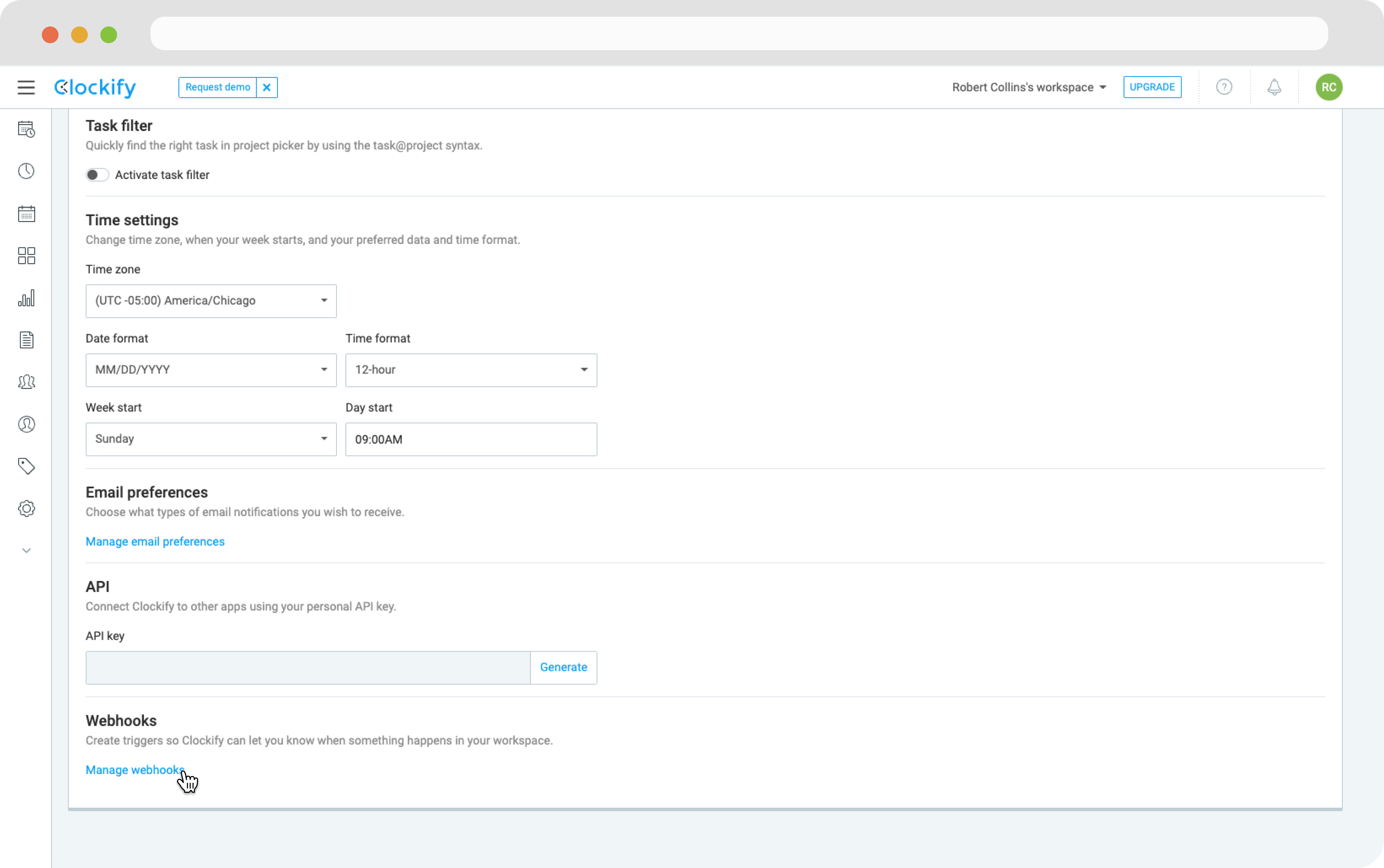 Clockify Setting Page - Manage Webhooks